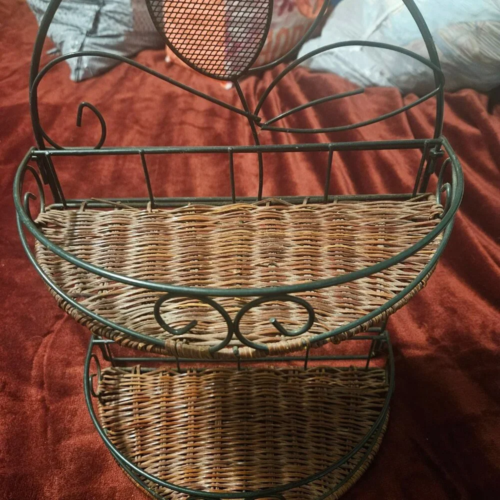 2 tier wicker shelf metal and wicker